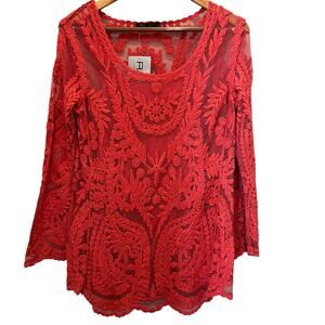 Coral Red Crochet Lace Sheer Lined Blouse Top Sz M Long Sleeve Cottage Boho NEW